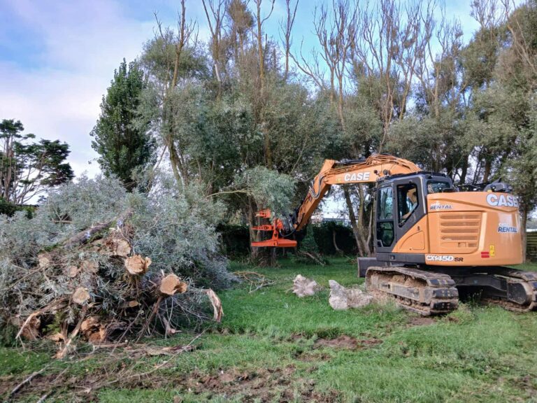 Pelleteuse compacte de 15 tonnes HNB équipée d’un grappin coupeur en action à Courseulles-sur-Mer